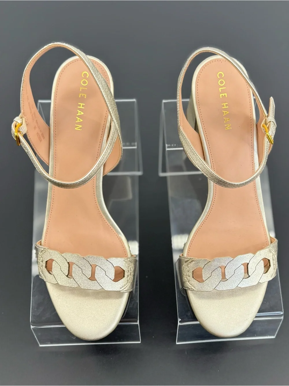 Cole Haan Pearl Metallic Chain-Link Block Heel Sandals